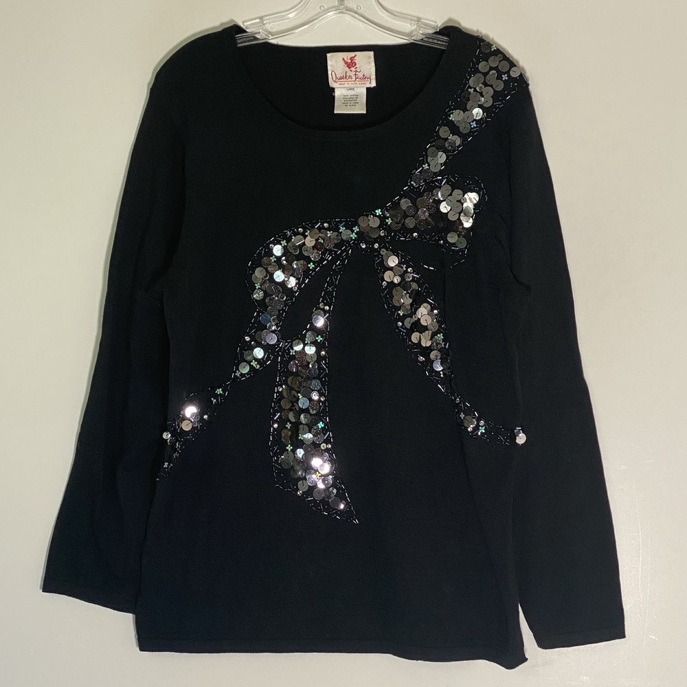 Quacker Factory Sweater Womens Large Black Sequin Bow Holiday Christmas Glam Fun